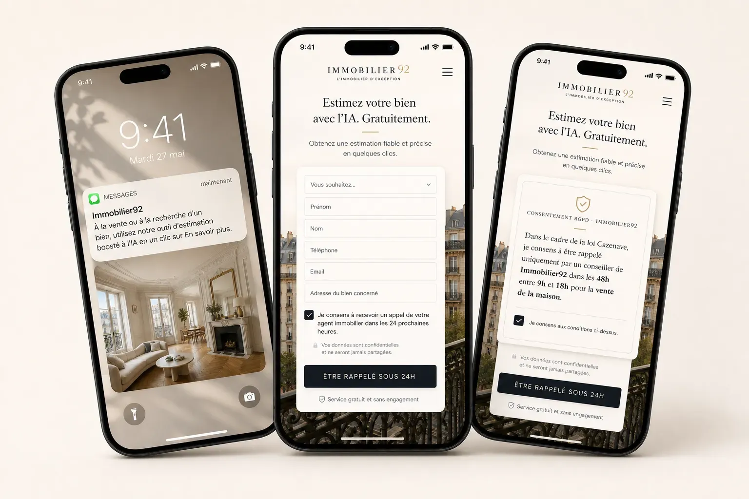 Campagne LeLead pour Immobilier92: SMS, formulaire, consentement